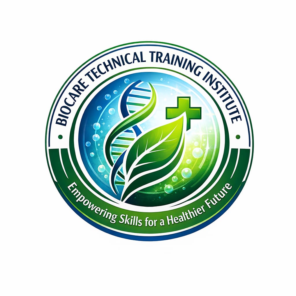 This logo is a circular round shaped logo of Biocare technical training institute.
it has three colours, blue, white and green
it has a motto which says ; Empowering skills for a healthier future.